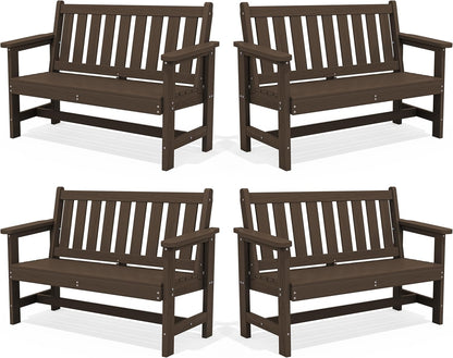 SERWALL Outdoor Bench, HDPE Outdoor Benches Weatherproof, 2-Person Garden Bench with 660 lbs Weight Capacity, Patio Benches for Outdoors, Garden, Porch, Backyard and Park, Coffee, 4 Pack
