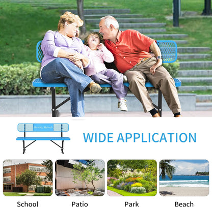 6 Feet Steel Park Bench for Outside, Outdoor Bench with Backrest & Portable Frame, Commercial Benches for Parks, School, Patio, Deck, Store,Blue