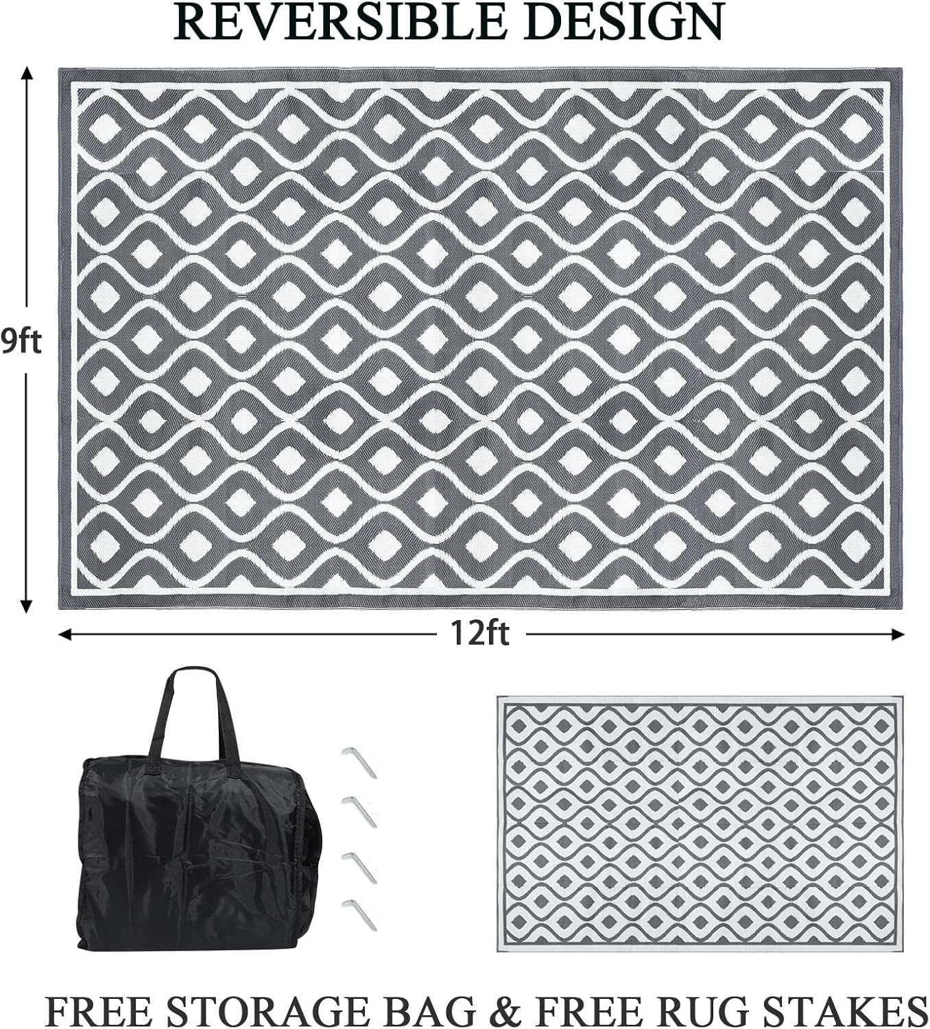 Pauwer Reversible Outdoor Rug, 9'x12', Waterproof, Polypropylene, Moroccan Grey, Area Rug for Patio, RV, Camping, Picnic, Backyard, Deck, Balcony, Porch
