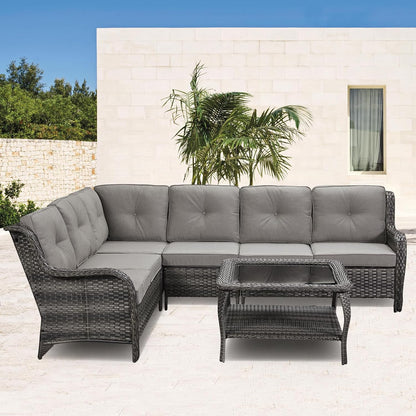 Patio Tables Outdoor Coffee Table - Wicker Rattan Coffee Tables with 2-Tier Storage Shelf Glass Top for Proch Deck Balcony Garden Squre Mixed Grey