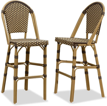 PURPLE LEAF French Bar Stool Set of 2 Bamboo Print Finish Patio Bar Stools with Back Rattan Chairs Wicker Bar Height Stool 30" with Footrest Kitchen Island Stools Outdoor Barstool Brown