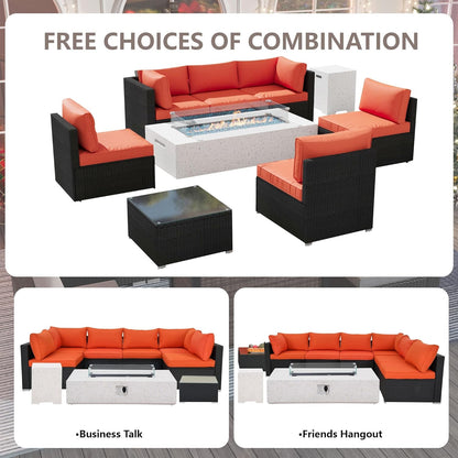 8 Piece Patio Furniture Set - Outdoor Conversation Sets with 56" Fire Table and Coffee Table, Rattan Modular Sofa Set for Garden/Poolside, Orange/Black
