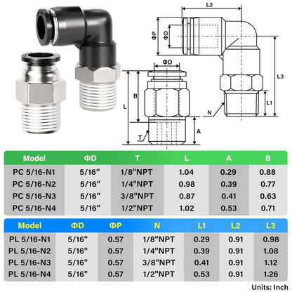 TAILONZ PNEUMATIC Elbow and Straight Combination 5/16 Inch Tube OD x 1/4 Inch NPT Thread Push to Connect Fittings PC-5/16-N2+PL-5/16-N2(Pack of 12)