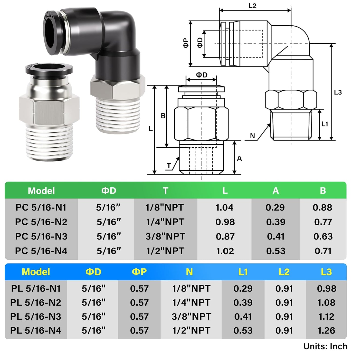 TAILONZ PNEUMATIC Elbow and Straight Combination 5/32 Inch Tube OD x 1/4 Inch NPT Thread Push to Connect Fittings PC-5/32-N2+PL-5/32-N2(Pack of 12)