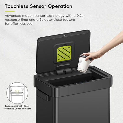 EKO Deluxe Mirage-T 50 Liter / 13.2 Gallon Touchless Rectangular Motion Sensor Trash Can, Matte Black Stainless Steel Finish