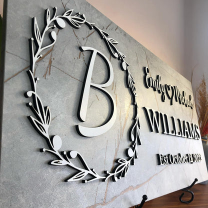 Personalized Monogrammed Family Name Sign with Couple Names, Marble Look Wood Sign, Personalized Wedding Gift, Modern Established Date Wall Decor, Anniversary of Housewarming