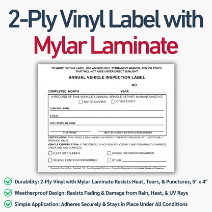 5 Pack Buck Annual Vehicle Inspection Label, 2-Ply Adhesive Vinyl with Mylar Laminate, FMCSA & DOT Compliant, Weatherproof, Tear Resistant, Easy to Write On, 5" x 4" - Made in USA