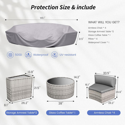 Patio Sectional Furniture Outdoor 7-Piece Grey Rattan Curved Sofa Set with Storage Table, Fit for Pool Backyard Balcony Porch Lawn (Grey)
