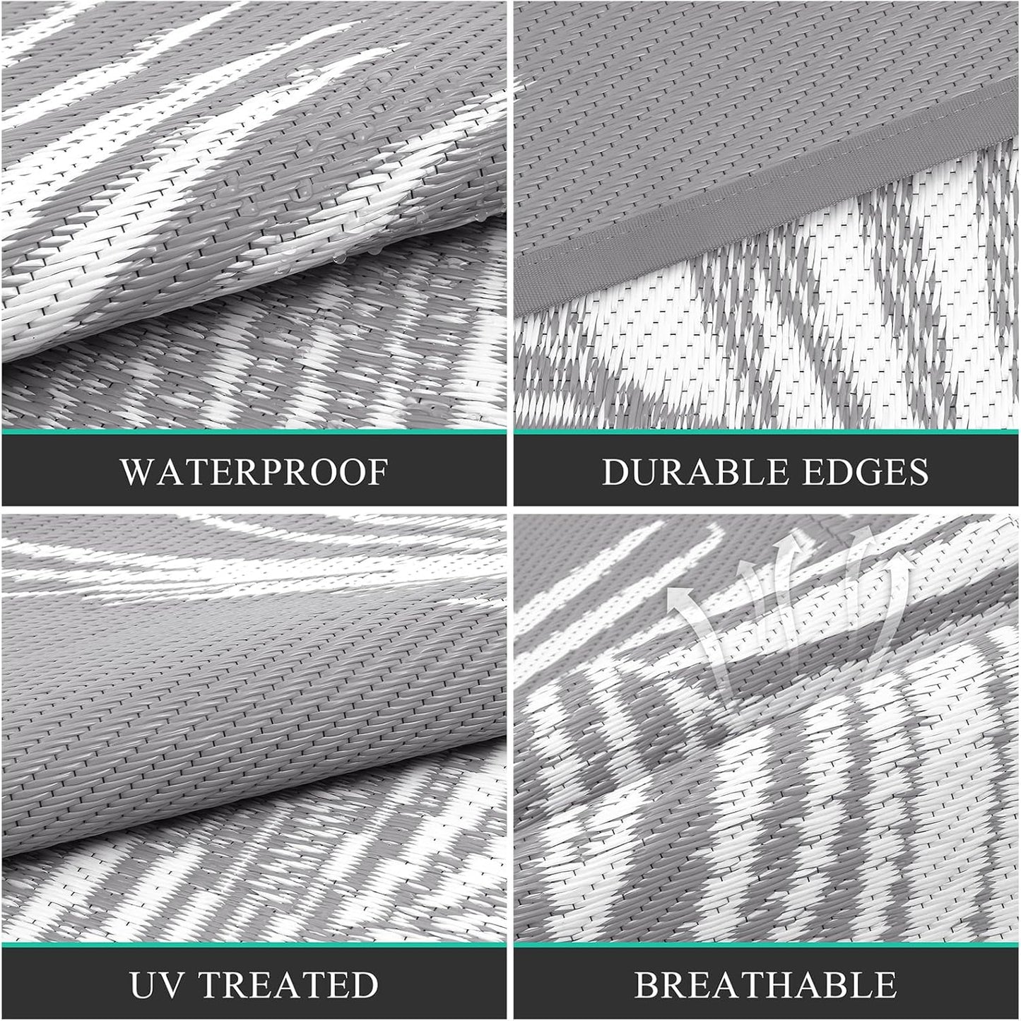 Pauwer Waterproof Outdoor Rug 9x12, Reversible Plastic Straw Patio Camping Rug, Indoor Outdoor RV Mat Carpet for Deck, Camper, Porch, Balcony, Backyard, Picnic, Leaf Grey
