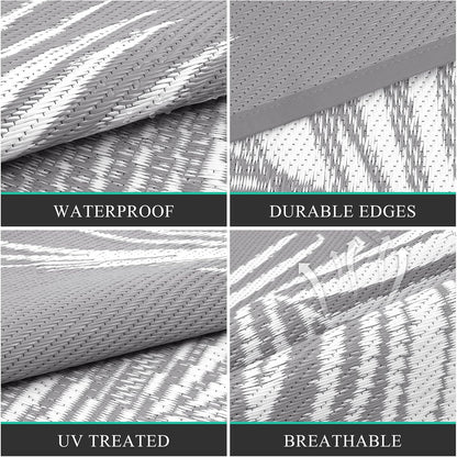 Pauwer Waterproof Outdoor Rug 9x12, Reversible Plastic Straw Patio Camping Rug, Indoor Outdoor RV Mat Carpet for Deck, Camper, Porch, Balcony, Backyard, Picnic, Leaf Grey
