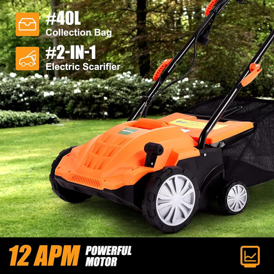 ARNOT Lawn Dethatcher & Scarifier, 2-in-1 Electric Corded Lawn Dethatcher, 13-Inch 12Amp Lawn Scarifier, 3-Position Raking Depth, w/40L Collection Bag & 2 Removable Blades, Orange