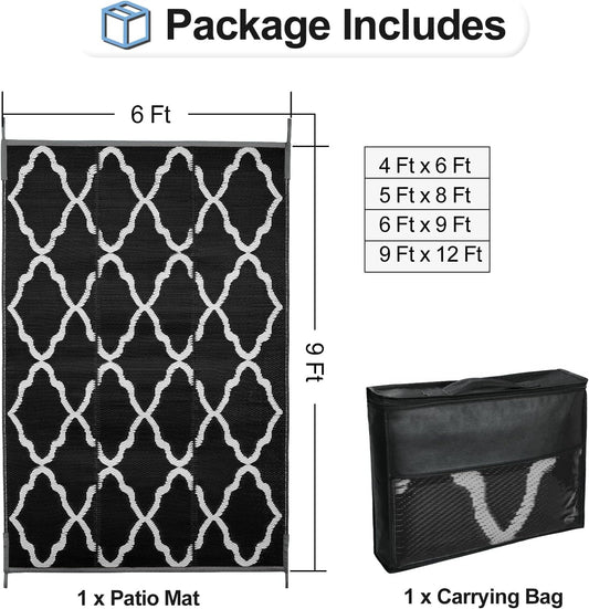 OutdoorLines Outdoor Plastic Area Rugs for Patio 6x9 ft - Reversible Outside Carpet, Stain & UV Resistant RV Mats, Straw Rug for Camping, Deck Garden, Porch and Balcony, Moroccan Black & Light Grey