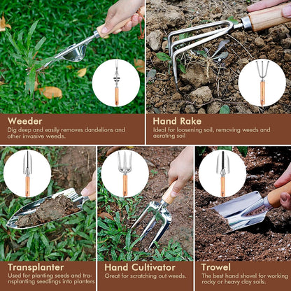 Gardening Tools - YAUNGEL 10 Pcs Garden Tool Set, Heavy Duty Stainless Steel Gardening Supplies Hand Tools with Wooden Handle, Storage Tote Bag, Ideal Garden Gifts for Women and Men, Pink