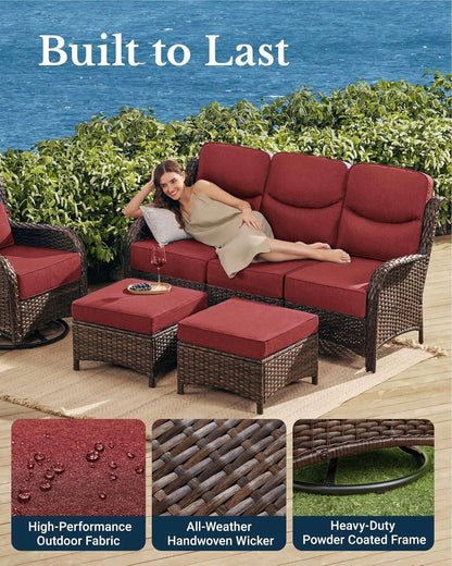 HILLGA Luxury Patio Furniture Set with 6-inch Thick Cushion, Outdoor Couch and High Back Swivel Rocker Patio Chairs, 10PCS Wicker Conversation Set for Deck Yard and Poolside, Burgundy (V2)