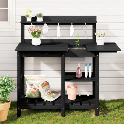 SERWALL Potting Bench Set of 2 Outdoor Potting Table with Sink, HDPE Potting Benches for Outside Gardening Table All Weather Use- Black