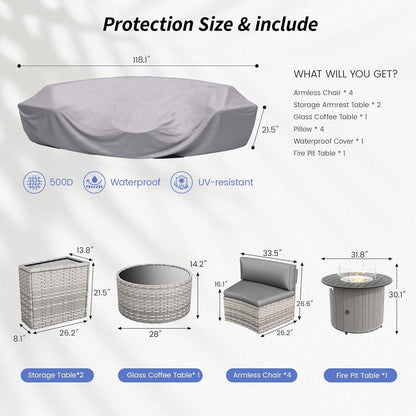Patio Sectional Furniture Outdoor 8-Piece Grey Rattan Curved Sofa Set with Fire Pit Table,Storage Table,Pillows,Fit for Pool Backyard Balcony Porch Lawn (Grey)