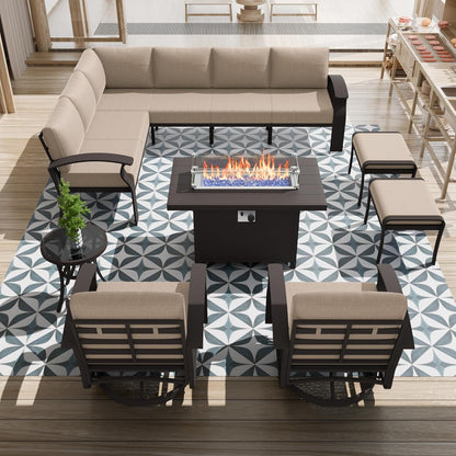 Aluminum Patio Furniture Set with Fire Pit Table, 10 Seats Outdoor Patio Conversation Set with Swivel Chair Modern Metal Patio Sectional Sofa with Coffee Table for Patio, Backyard(Sand).