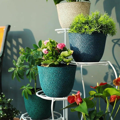 Worth Garden Plastic Round 8" Plant Pots for Indoor Plants - Set of 6 Multicolor Small Flower Pots W/Drainage Hole and Rubber Plug - Home Christmas Decorative planters Retro Floral Pattern