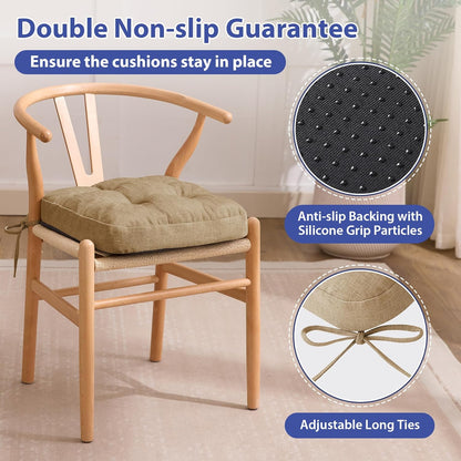 Chair Cushions for Dining Chairs, Dining Chair Cushions, Tufted Indoor Chair Pads with Ties & Non Slip Backing, Seat Cushions for Kitchen Chairs 16.5” x 16.5” x 3.5”, Set of 4, Khaki