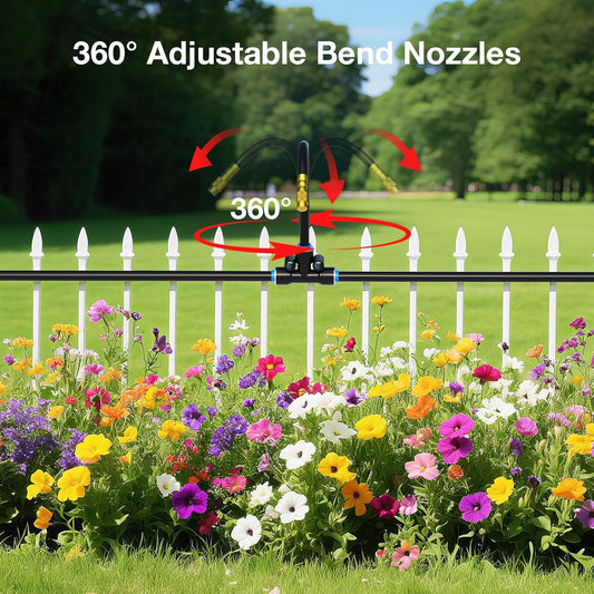 Mixc 200Ft 1/4" Drip Irrigation System,2025-Upgrade Garden Irrigation Kit with 32pcs Adjustable Copper Nozzles,Automatic Atomizing Watering System for Outdoor Plants,Raised Bed,Yard,Potted Plant,Lawn