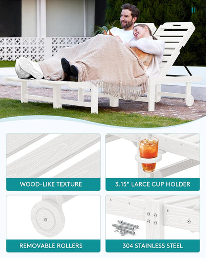 SERWALL Patio Chaise Lounge Set of 4, HDPE Outdoor Lounge Chair with Cup Holder, 5 Positions Adjustable Pool Lounge Chair with Rolling Wheels for Poolside, Deck, Sunbathing, White