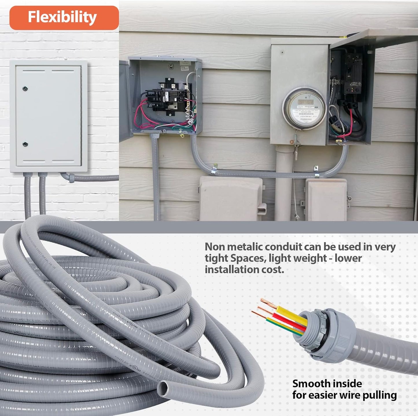 Liquid-Tight Conduit 50 ft and 10 Pieces of Connector Kit, Electrical Conduit 1/2 50ft w/UL Certification, Flexible Conduit with 5 Straight and 5 90-Degree Conduit Connector Fittings