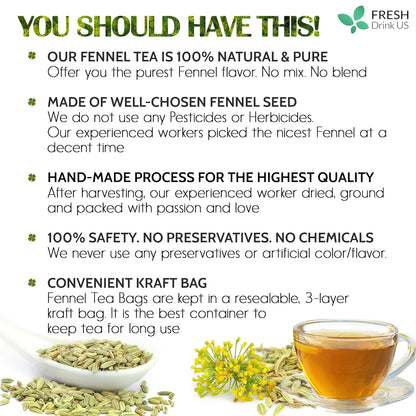 FreshDrinkUS, Premium 75 Fennel Seed Tea Bags – 100% Natural & Pure, Handmade Herbal Tea, Eco-Friendly, Fresh Aroma, Made with Natural Material Tea Bags. No Sugar, No Caffeine, No Gluten, Vegan.