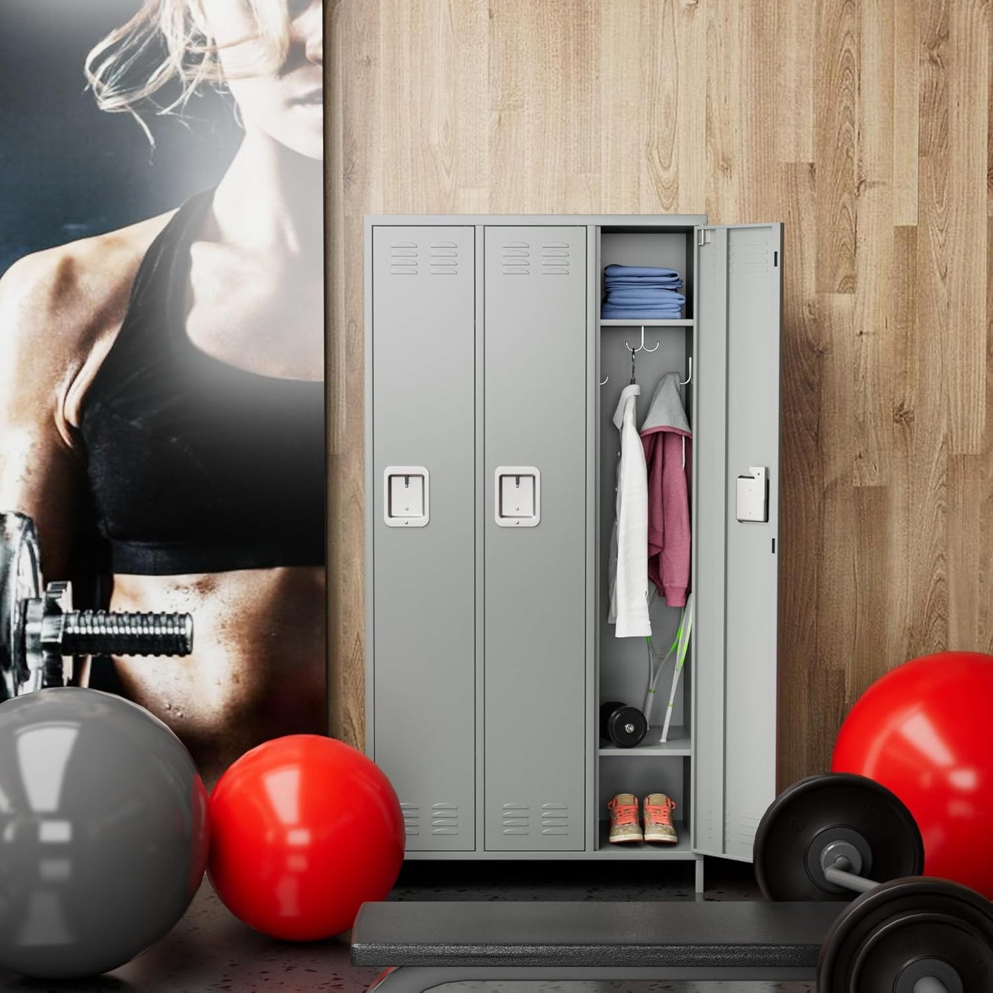 METAN Metal Locker for School Office Gym Bedroom,3 Doors Steel Storage Locker Cabinet for Employees,Industrial Storage Locker with 2 Shelves,Assembly Required (3 Door-Light Gray)