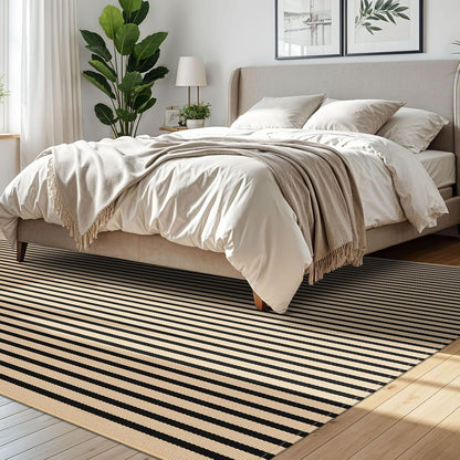 IOHOUZE Striped Area Rug 8'x10' Indoor Outdoor Rug, Washable Area Rug for Living Room, Large Patio Rug, Cotton Striped Rugs for Patio Living Room Bedroom, Tan/Black