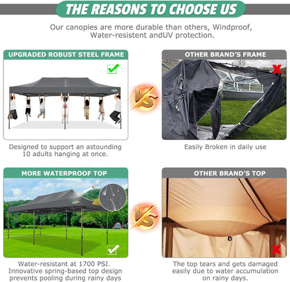 COBIZI 10x20 Pop Up Canopy Heavy Duty Without Sidewalls, Commercial Heavy Duty Pop Up Tent for Parties All Weather Waterproof and UV 50+ Wedding Tent with Roller Bag(Legs Upgraded),Grey