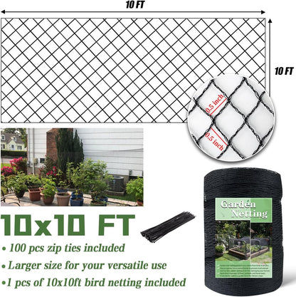 Bird Netting，10 x 10 FT Garden Netting Bird Net for Chicken Coop, Poultry Netting Fence for Fruit Trees, Plants and Vegetables Against Birds, Deer, Squirrels and Other Animals