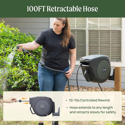 Vego Garden Hose Reel Retractable Hi-Flow x 100ft Wall Mounted Hose Reel Automatic Rewind, Any Length Lock with 9 Patterns Sprayer Nozzle, Quick Connector and Adjustable shot Nozzle-Seaweed Green