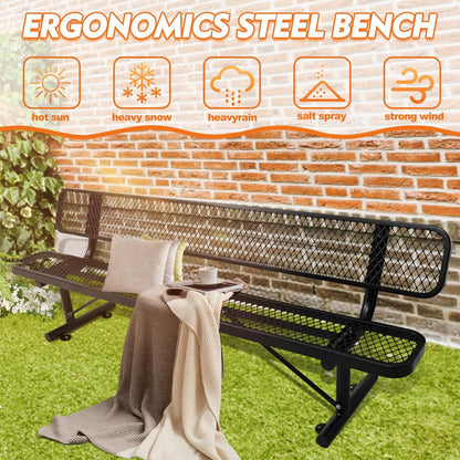 Thermoplastic Coated Iron Park Bench for Outside, Heavy Duty Metal Garden Bench, Expanded Commercial Grade Seating for Shopping Malls, Lawn Yard Porch Entryway (Black with Backrest, 96IN)