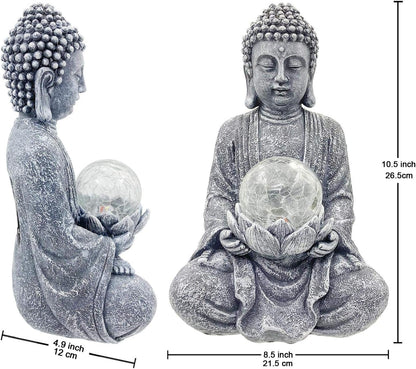 Nacome Meditating Buddha Statue with Solar Light,Zen Solar Garden Buddha with Cracked Glass Ball Sculpture-Indoor/Outdoor Decor for Balcony,Garden,Patio,Porch Yard Art Ornament,Gift