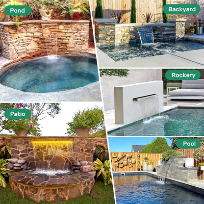 POPOSOAP 24Inch Pond Waterfall Spillway with Warm LED Light,304 Stainless Steel Waterfall Kit with 80W 1200GPH Pump & 9.8FT Corrugated Tube for Garden Decor Indoor/Outdoor Pond-P46D