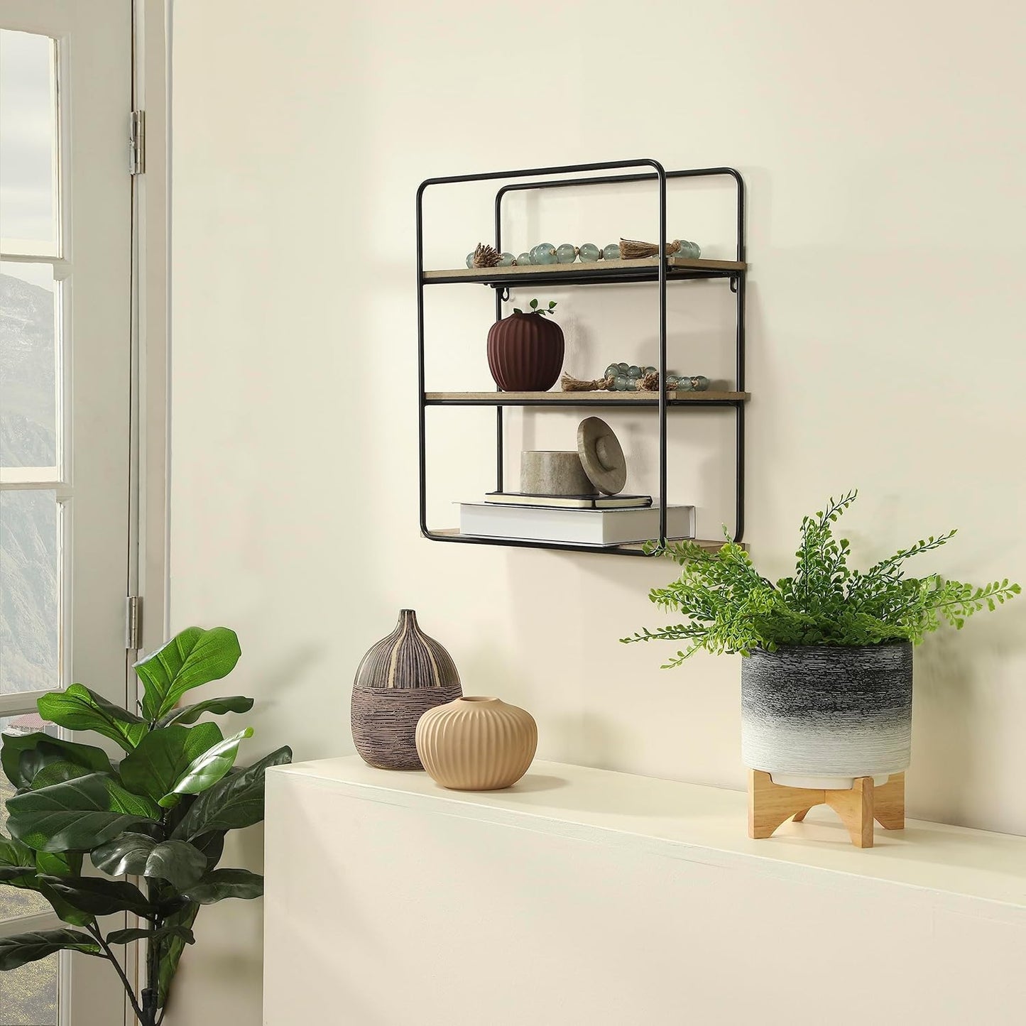 Modern Ceramic Planter with Wooden Stand – Stoneware Plant Pot Holder – Stylish Indoor & Outdoor Home Decor for Living Room, Bedroom, Office, or Garden – 9", Gray & White