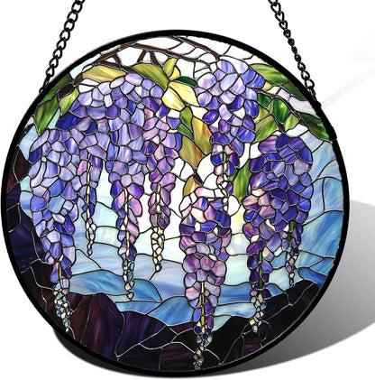 Stained Glass Window Hanging, Purple Wisteria Flowers Suncatcher for Doors Window Home Plant Sun Catchers Decoration Mother's Day Birthday Gifts for Women, Men, and Mom 7.8x7.8 in