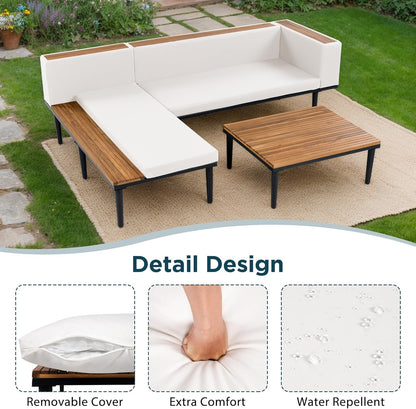 Acacia Wood Patio Furniture Set, Luxury Outdoor Conversation Sectional Sofa with Removable Cushions and Coffee Table, Side Table, L-Shaped Sofa Set for Backyard, Porch (Beige/17)