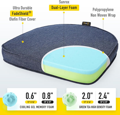 SUNROX Gel Memory Foam Chair Cushions, FadeShield Water-, Stain-Resistant Durable Reversible Seat Cushion Pads with Ties for Indoor/Outdoor Kitchen Dining Office, 19"x19", Set of 2, Heather Indigo