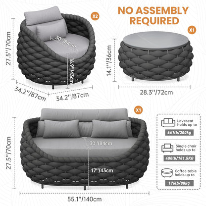 4-Piece Woven Rope Outdoor Seating Set: Alumunim Frame, No Assembly, All-Weather Accent Patio Furniture - Modern Garden Lounge Conversation Set for Backyard Deck Porch Poolside Hotel