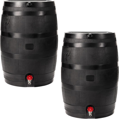 50-Gallon ECO Rain Barrel Made with 100% Recycled Plastic, Flat Back Rain Water Collection Barrel, Link Kit Included, Black (2 Pack)