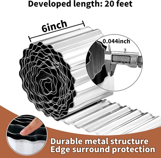 Corrugated Metal Garden Edging, 6"×20Ft Durable Metal Landscape Edging, Modern Corrugated Design for DIY Flower Beds and Landscaping Borders(Silver)