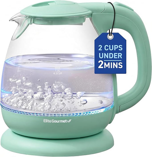 Elite Gourmet 1L Glass Electric Water Kettle, BPA-Free, Fast Boil, Auto Shut-Off, Boil-dry Protection, 360° Swivel Base with Cordless Serving, Clear-view Water Level Markings, Mint