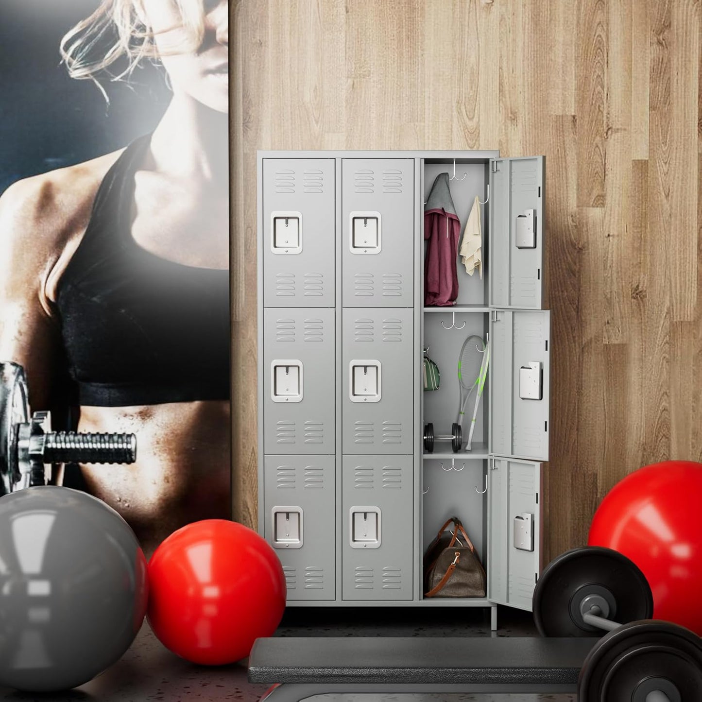METAN Metal Storage Locker for School Office Gym Bedroom, 9 Doors Locker Cabinet for Employees, Industrial Steel Storage Locker with 18 Hooks, Assembly Required (9 Door-Light Gray)