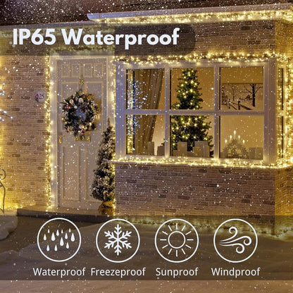 Solar String Lights Outdoor Waterproof 2PK 200LED 66FT Twinkle Lights Auto On/Off Solar Powered LED Fairy Light Green Wire with 8 Modes for Christmas Tree Party Wedding Garden Decoration (Warm White)