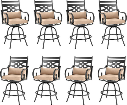 PHI VILLA Outdoor Swivel Bar Stools Set of 8，Patio Counter Height Bar Chairs with Back and Armrest，Metal,Black