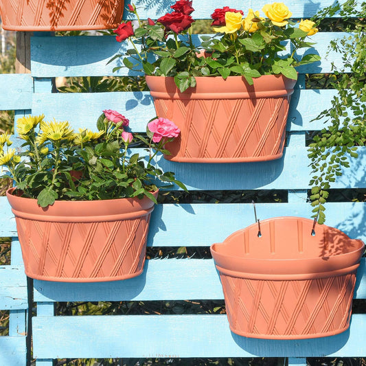 Sungmor Wall Hanging Planters,11.5 Inch Hanging Flower Pots for Railing Fence - Indoor Outdoor Balcony Wall Hanging Basket, Plastic Plant Pot Container - Half Round & 3PC Pack & Brick Red