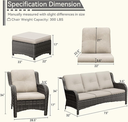 Patio Conversation Set 5-PCS Wicker Outdoor Furniture Conversation Set with 3-Seat Sofa, 2 Armchair, 2 Ottoman Patio Rattan Wicker Sectional Sofa Set with Olefin Cushion, Beige