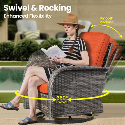 ovios 3 Pieces Patio Furniture Set, Outdoor Rocking Chairs of 2, Wicker Swivel Glider Chairs with Side Table Thick Cushions, All Weather Rattan Bistro Set for Porch, Orange Red