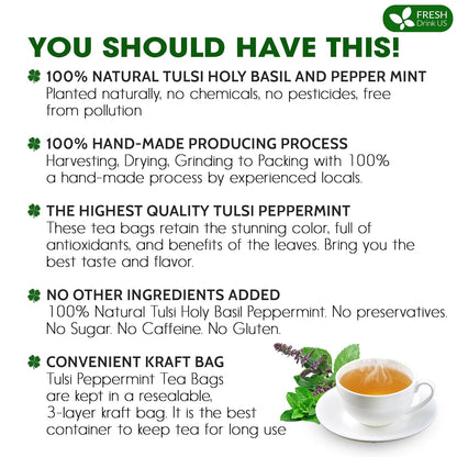 FreshDrinkUS, Premium Tulsi Peppermint Herbal Tea – 75 Tea Bags, 100% Natural, Blend of Tulsi Holy Basil Leaves, and Peppermint Leaves. Made with Natural Material Tea Bags. No Sugar, Vegan.
